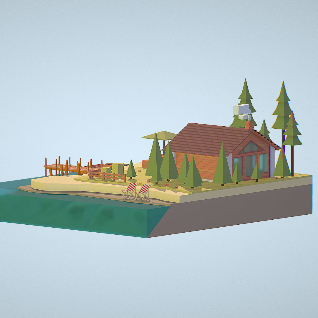 isometric old hunting lodge on the river Low-poly 3D model_8