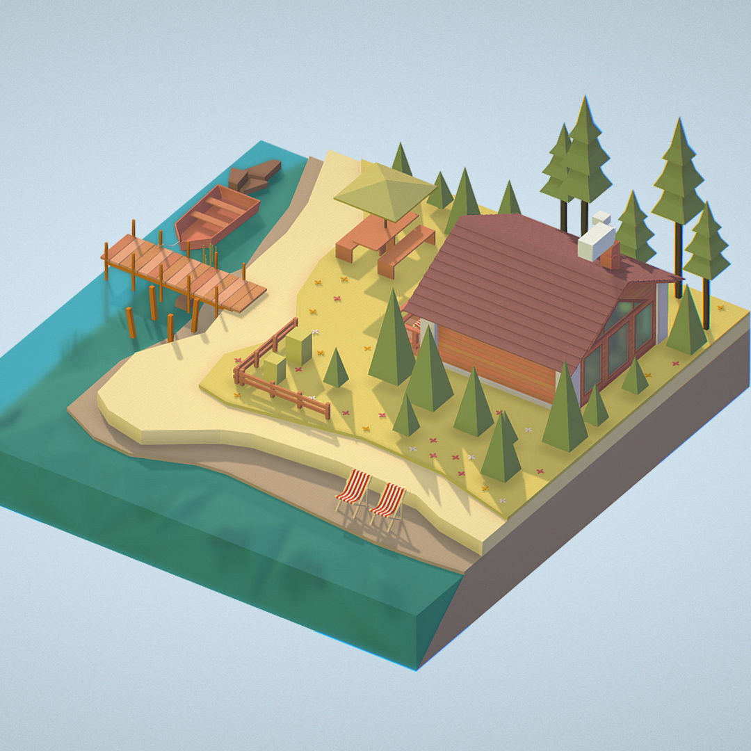 isometric old hunting lodge on the river Low-poly 3D model_12