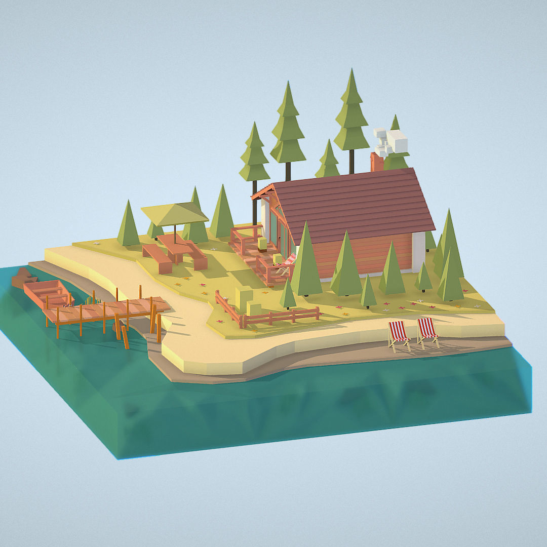 isometric old hunting lodge on the river Low-poly 3D model_7