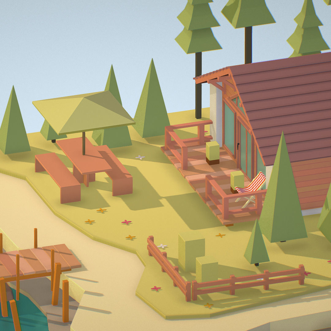 isometric old hunting lodge on the river Low-poly 3D model_21