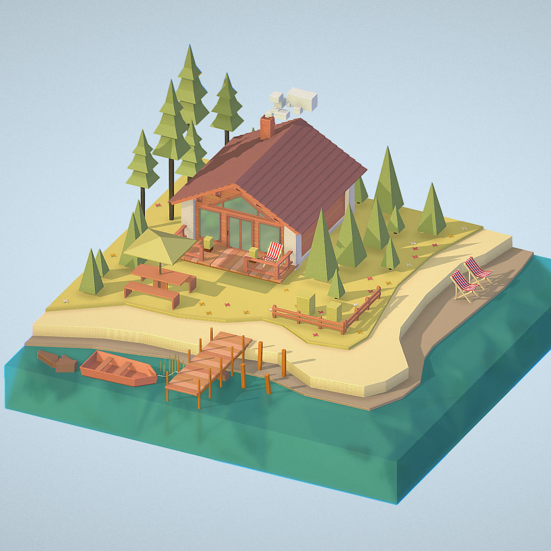 isometric old hunting lodge on the river Low-poly 3D model_2