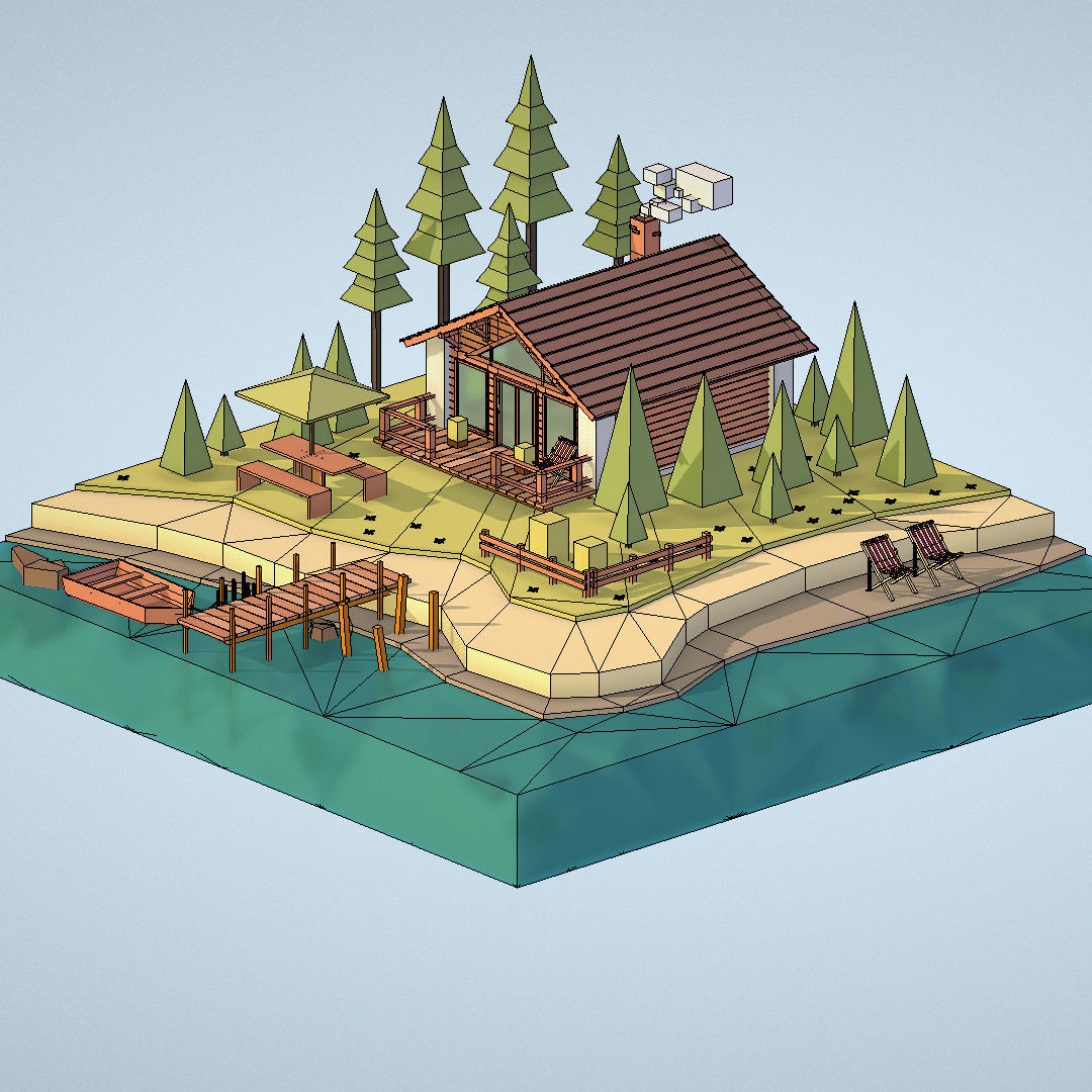 isometric old hunting lodge on the river Low-poly 3D model_41