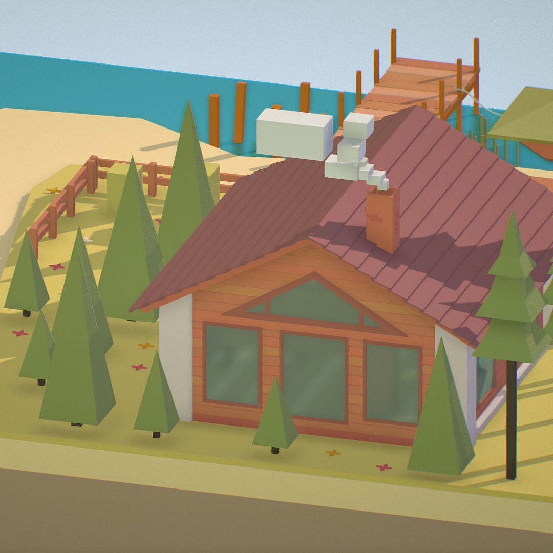 isometric old hunting lodge on the river Low-poly 3D model_22