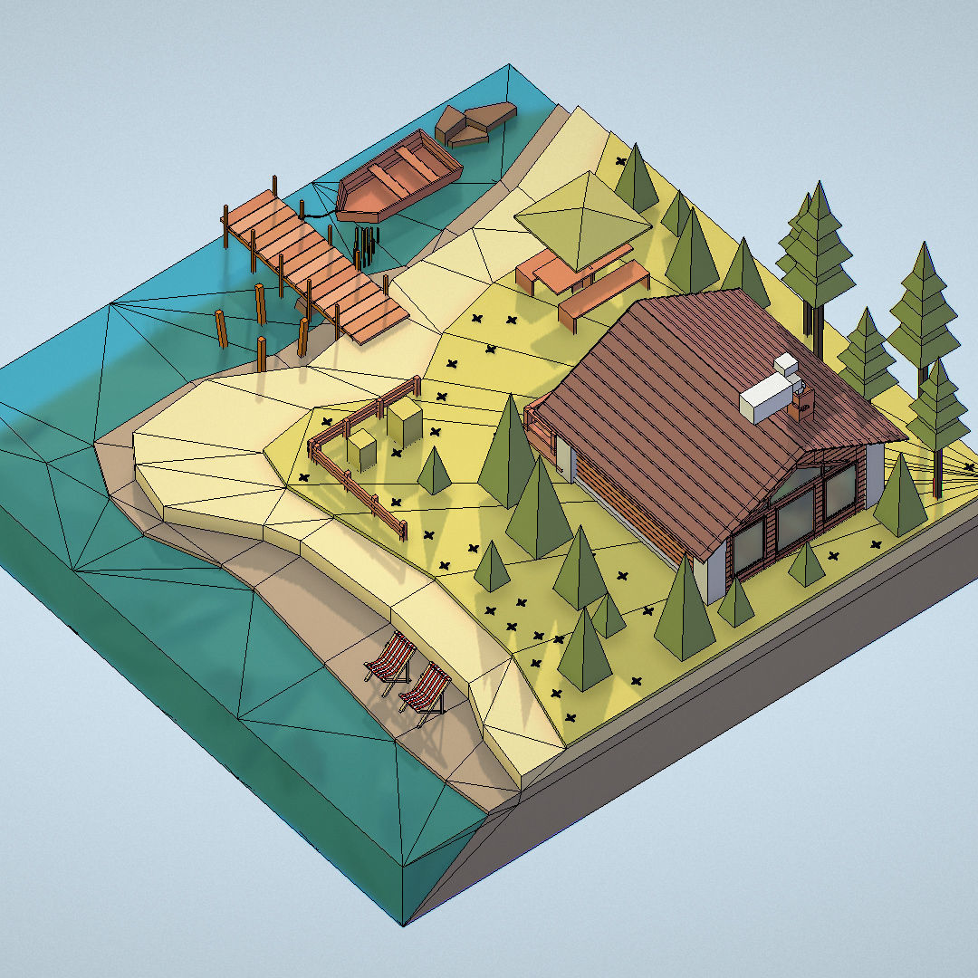 isometric old hunting lodge on the river Low-poly 3D model_36