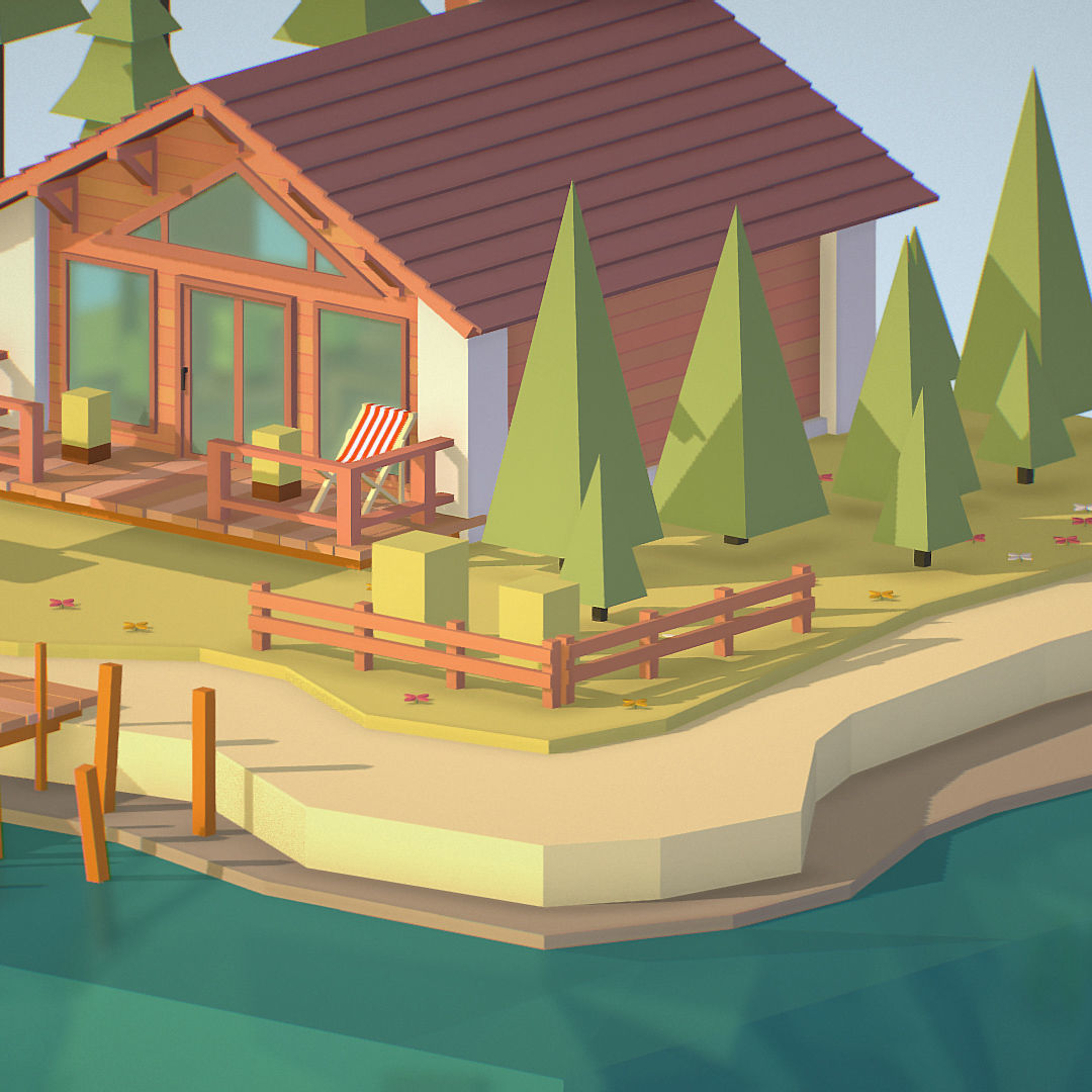 isometric old hunting lodge on the river Low-poly 3D model_25