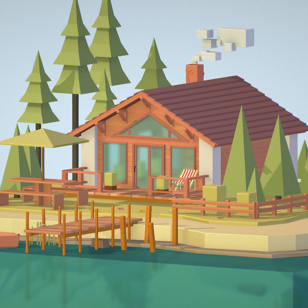 isometric old hunting lodge on the river Low-poly 3D model_30