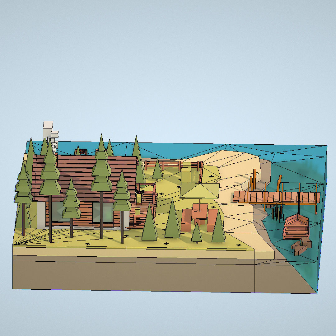 isometric old hunting lodge on the river Low-poly 3D model_34