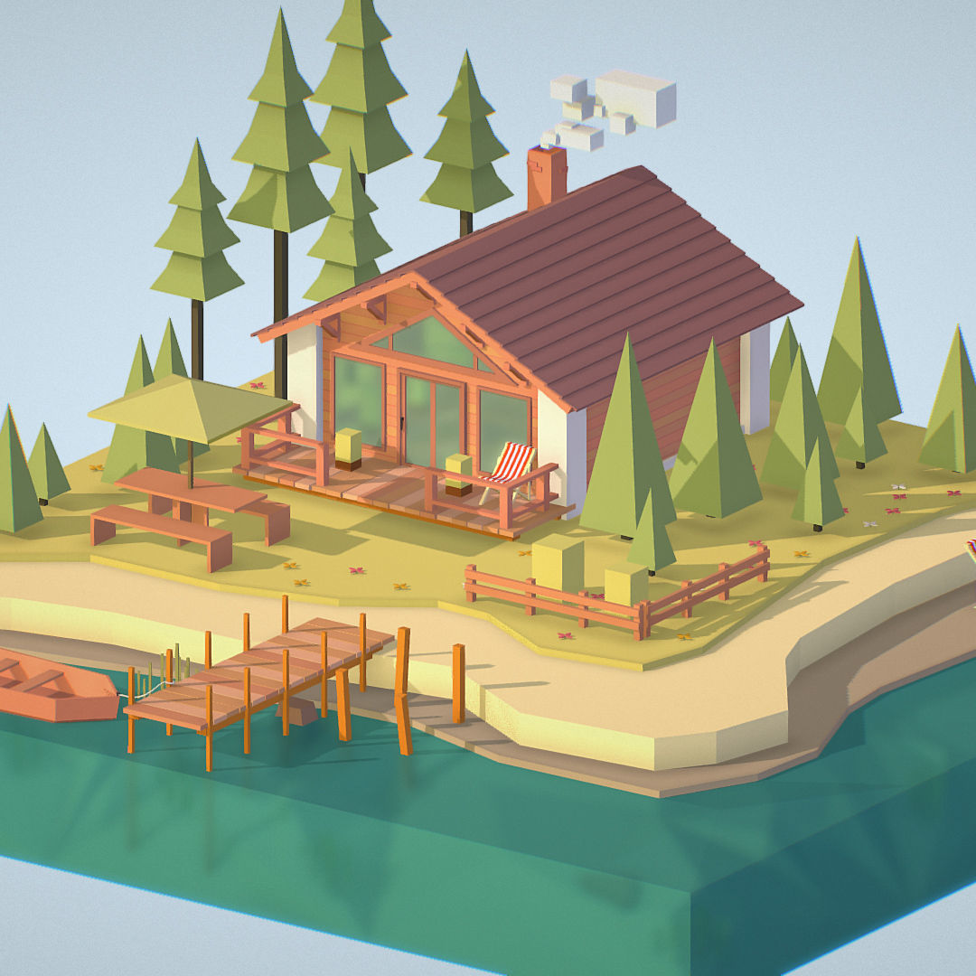 isometric old hunting lodge on the river Low-poly 3D model_32