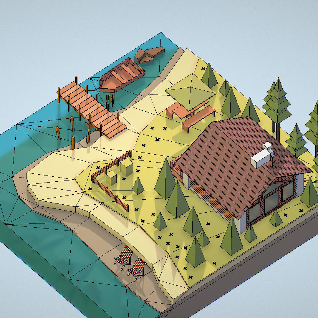 isometric old hunting lodge on the river Low-poly 3D model_37