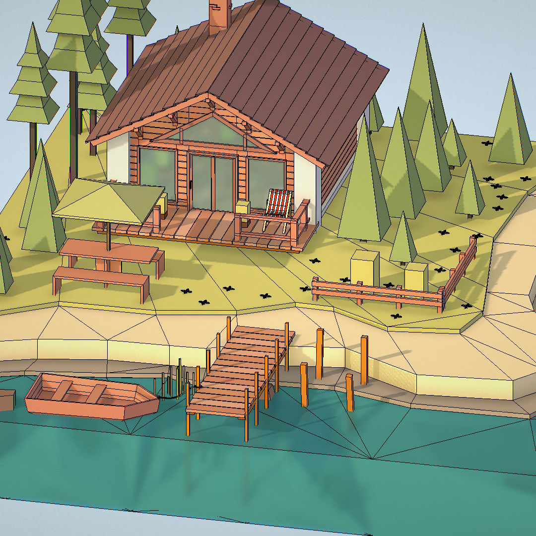 isometric old hunting lodge on the river Low-poly 3D model_50