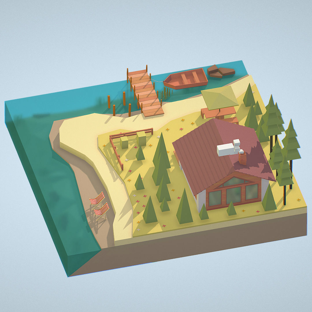 isometric old hunting lodge on the river Low-poly 3D model_11