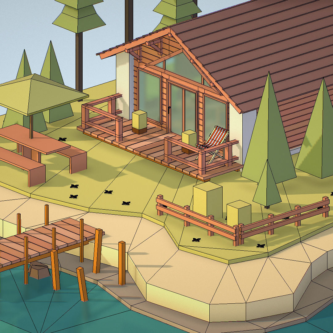 isometric old hunting lodge on the river Low-poly 3D model_43