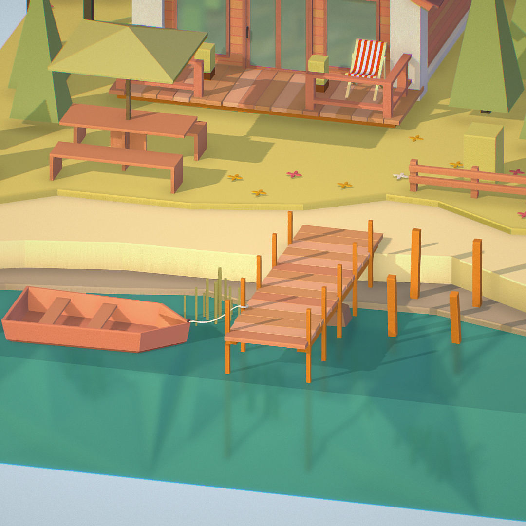 isometric old hunting lodge on the river Low-poly 3D model_20