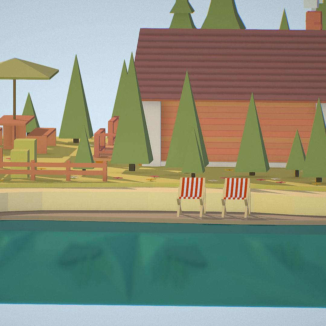isometric old hunting lodge on the river Low-poly 3D model_24