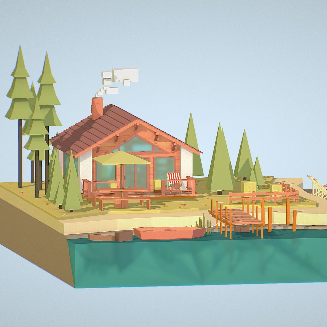 isometric old hunting lodge on the river Low-poly 3D model_29