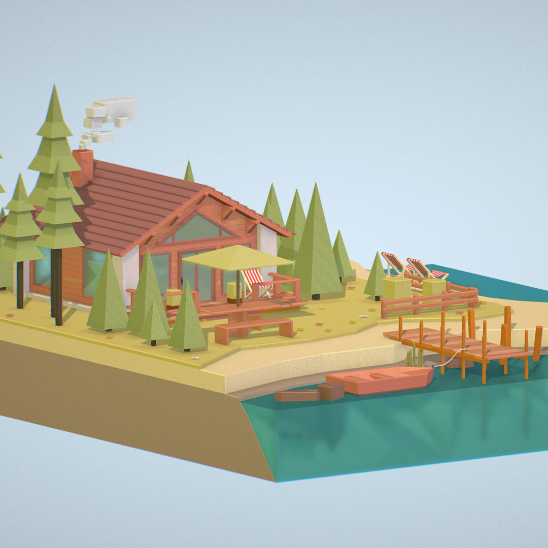 isometric old hunting lodge on the river Low-poly 3D model_17