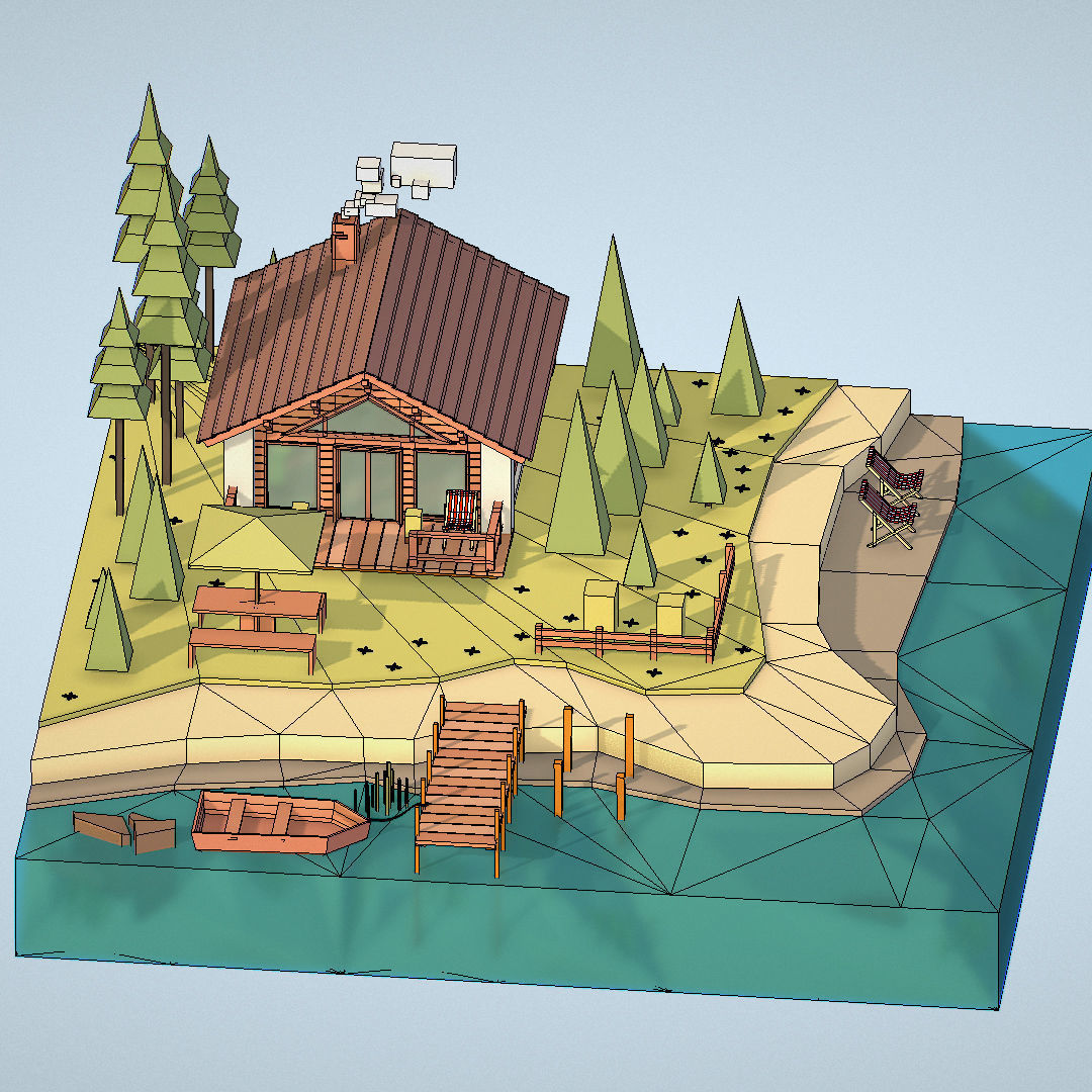 isometric old hunting lodge on the river Low-poly 3D model_33