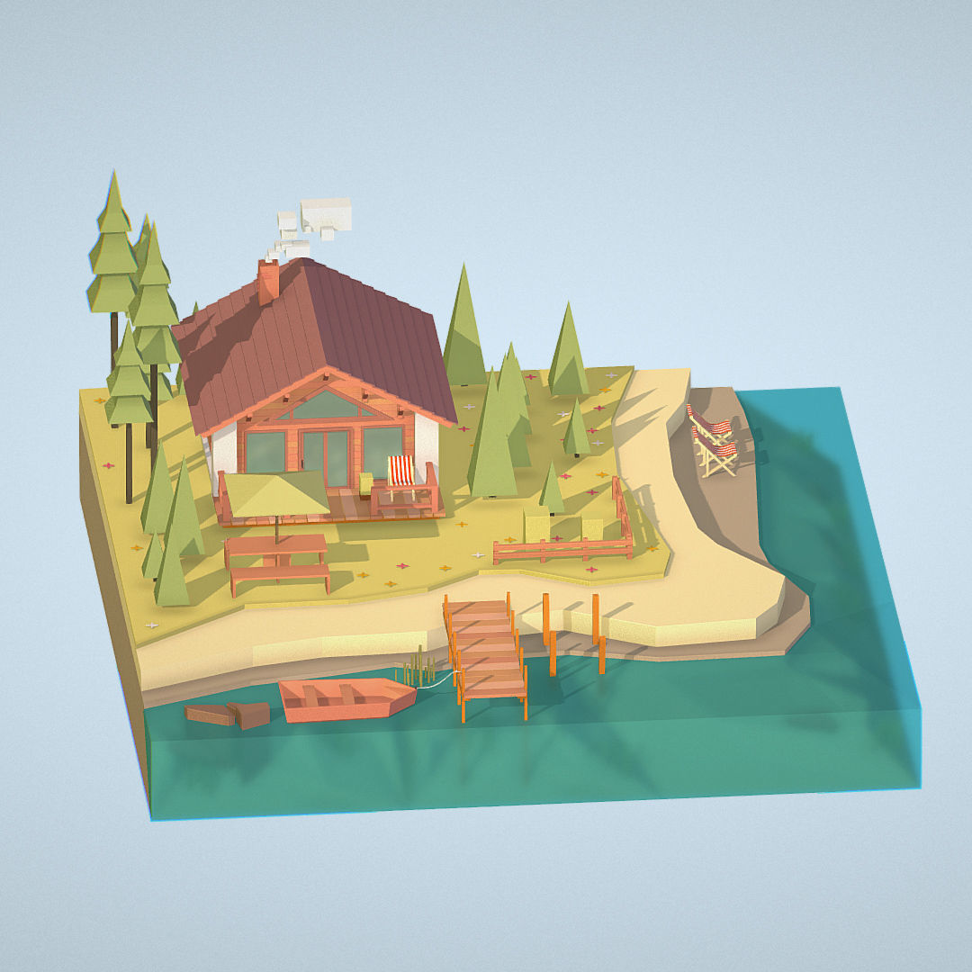 isometric old hunting lodge on the river Low-poly 3D model_5