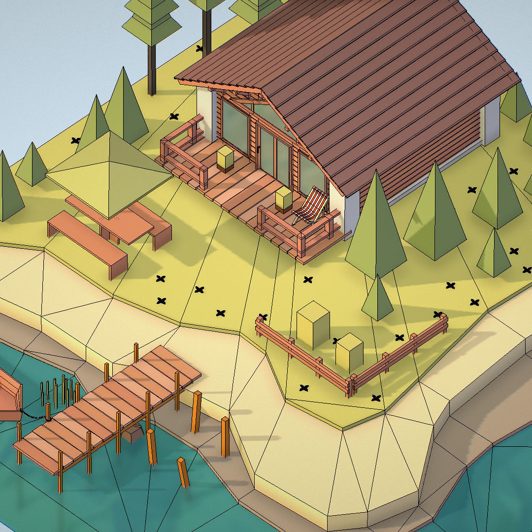 isometric old hunting lodge on the river Low-poly 3D model_44