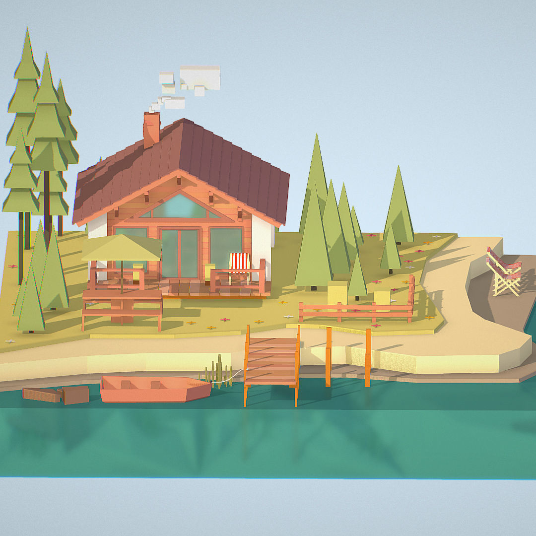 isometric old hunting lodge on the river Low-poly 3D model_16