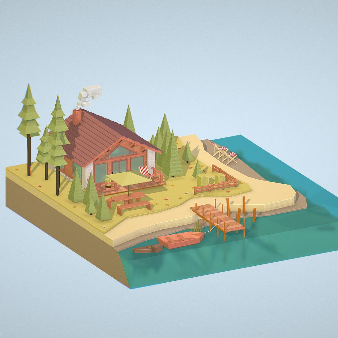 isometric old hunting lodge on the river Low-poly 3D model_1