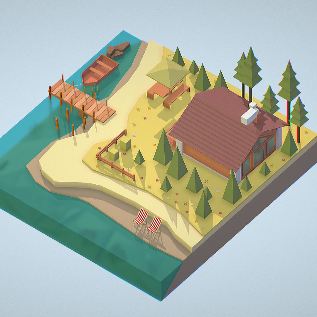isometric old hunting lodge on the river Low-poly 3D model_10