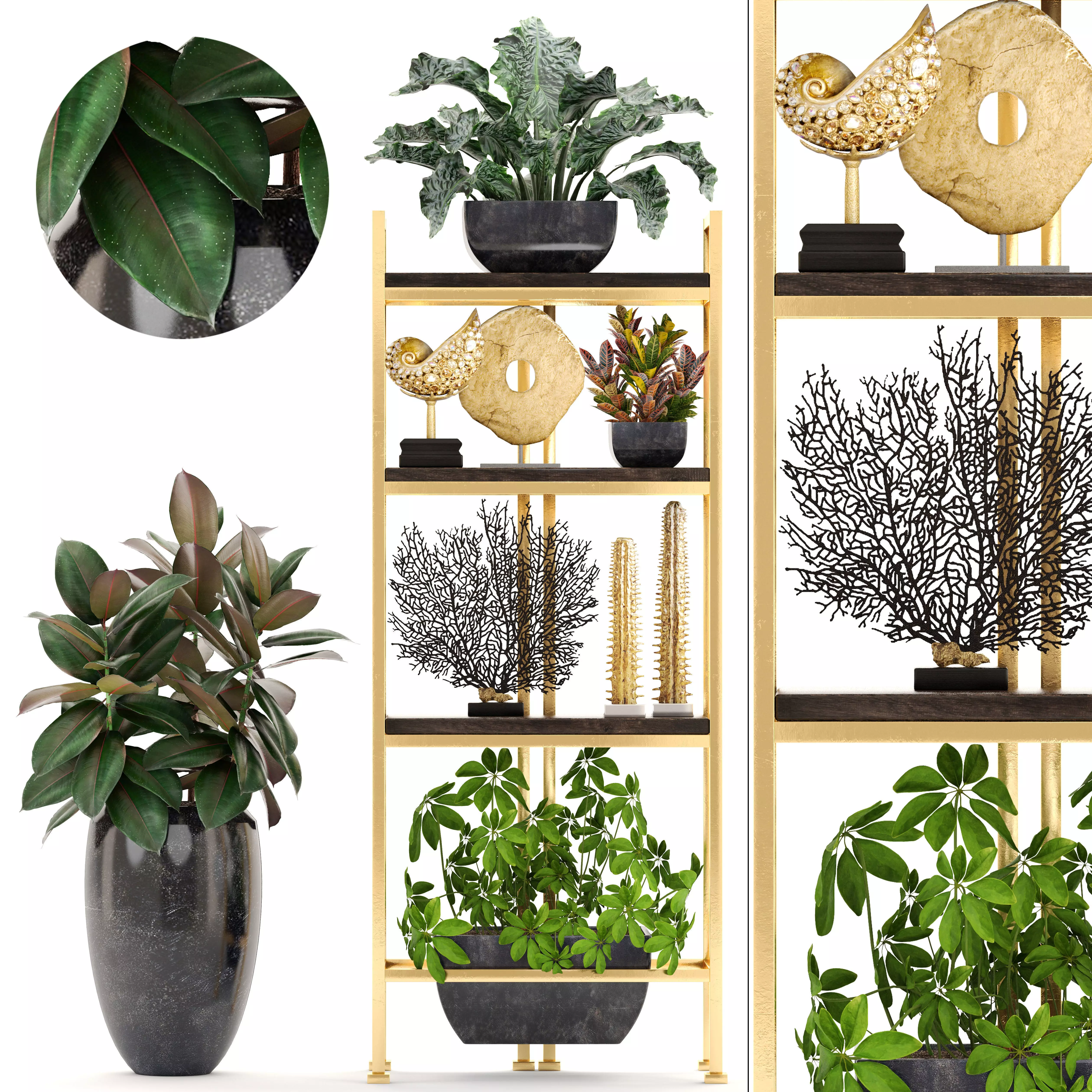 Rack with the decor of figurines and plants 3D model
