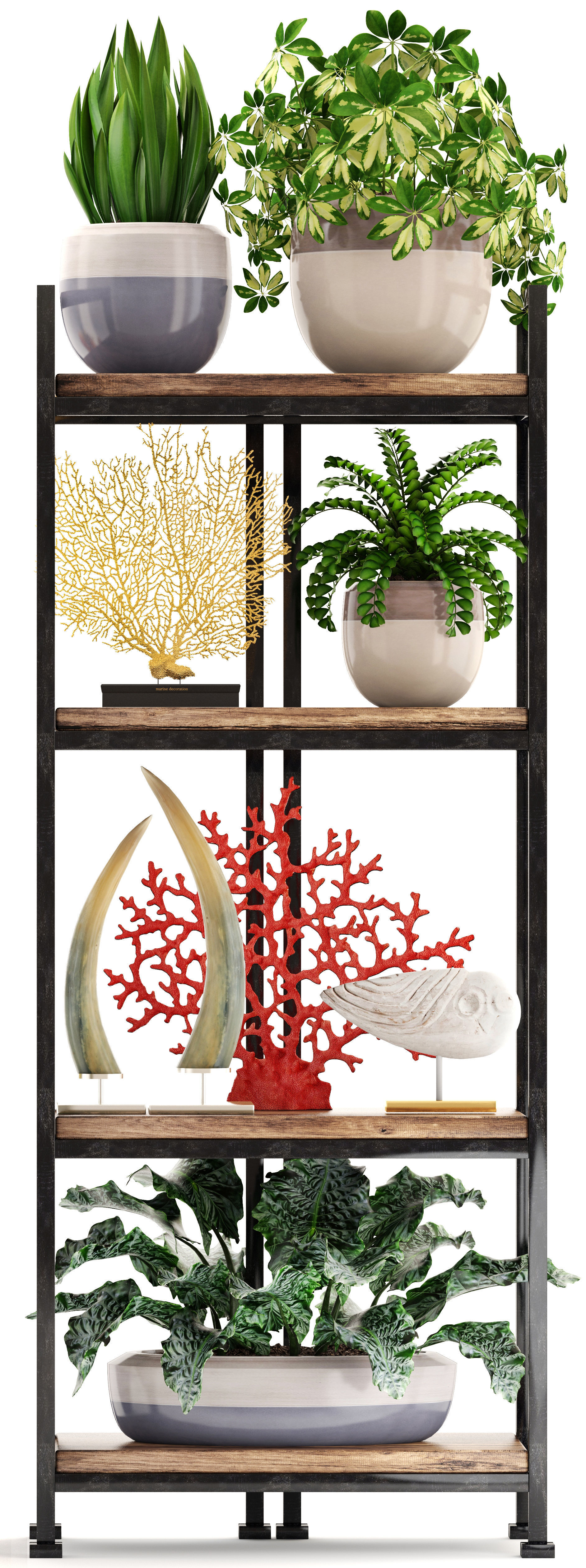 Rack with the decor of figurines and plants 3D model_6