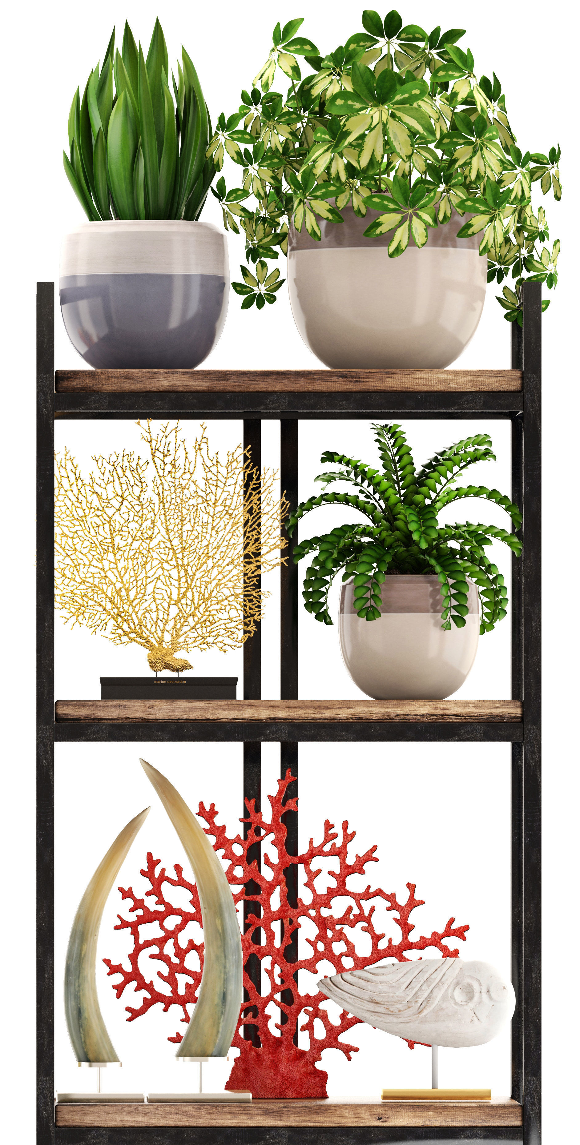 Rack with the decor of figurines and plants 3D model_5