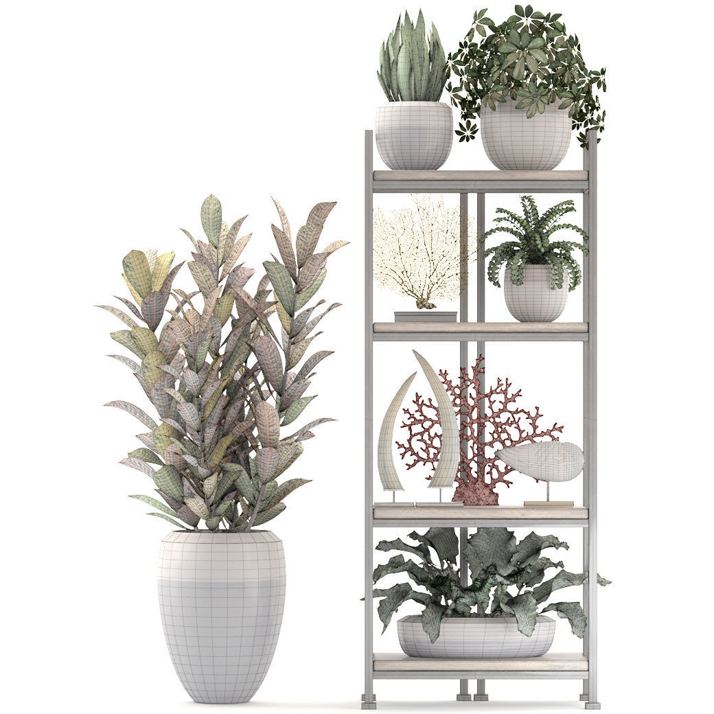 Rack with the decor of figurines and plants 3D model_8