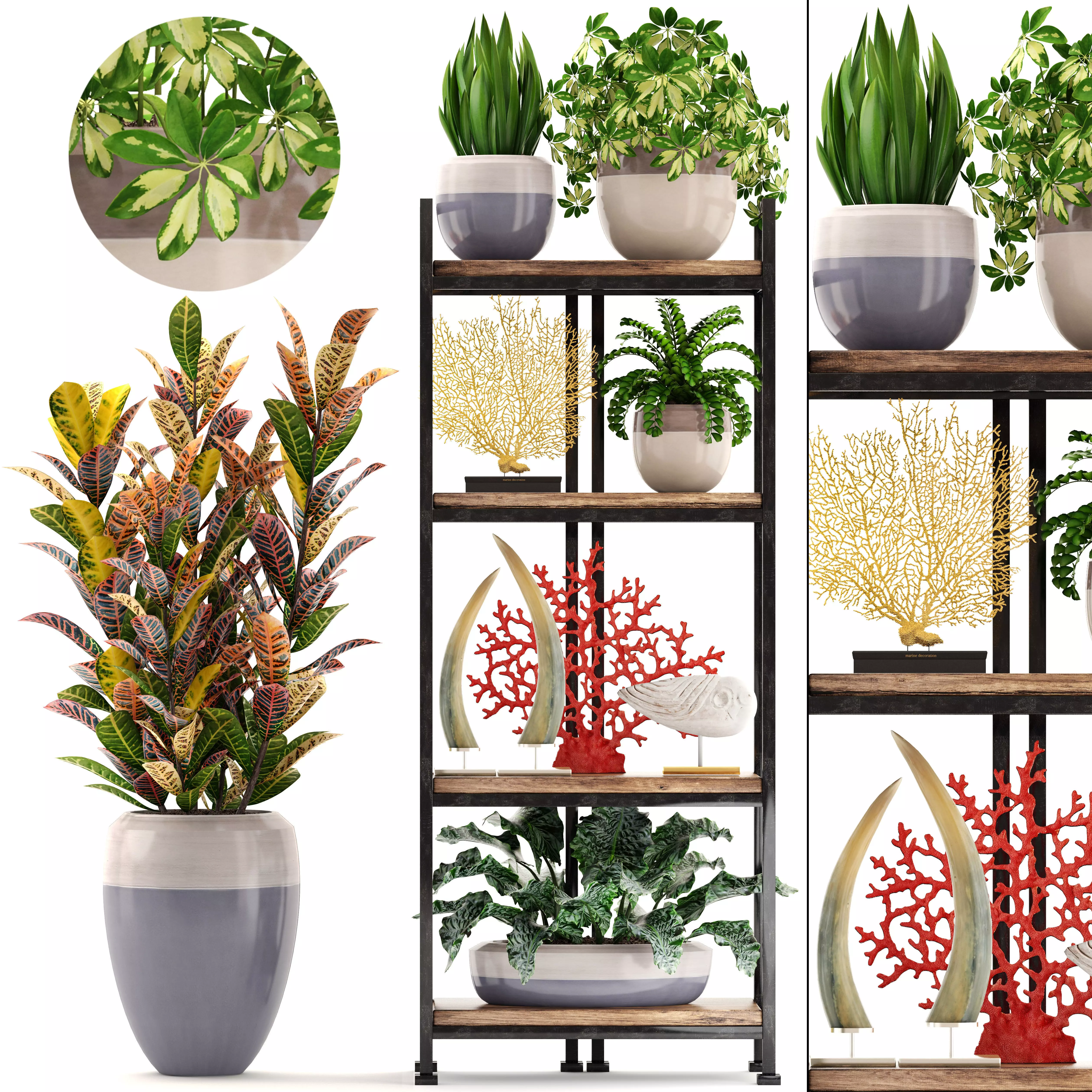 Rack with the decor of figurines and plants 3D model_0