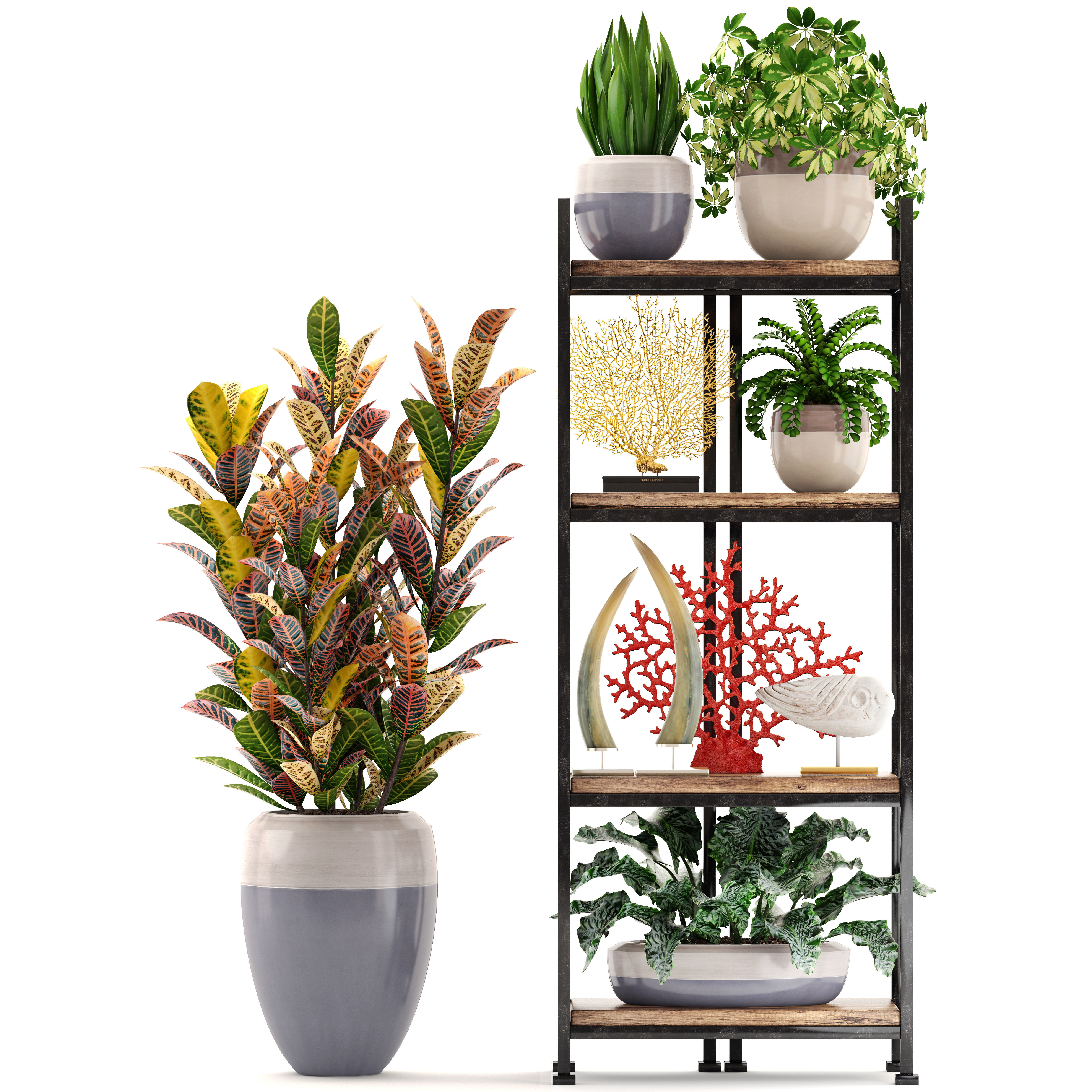 Rack with the decor of figurines and plants 3D model_4