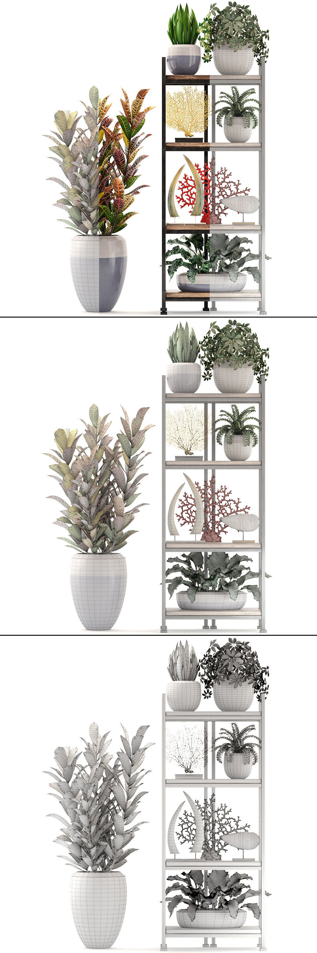 Rack with the decor of figurines and plants 3D model_9
