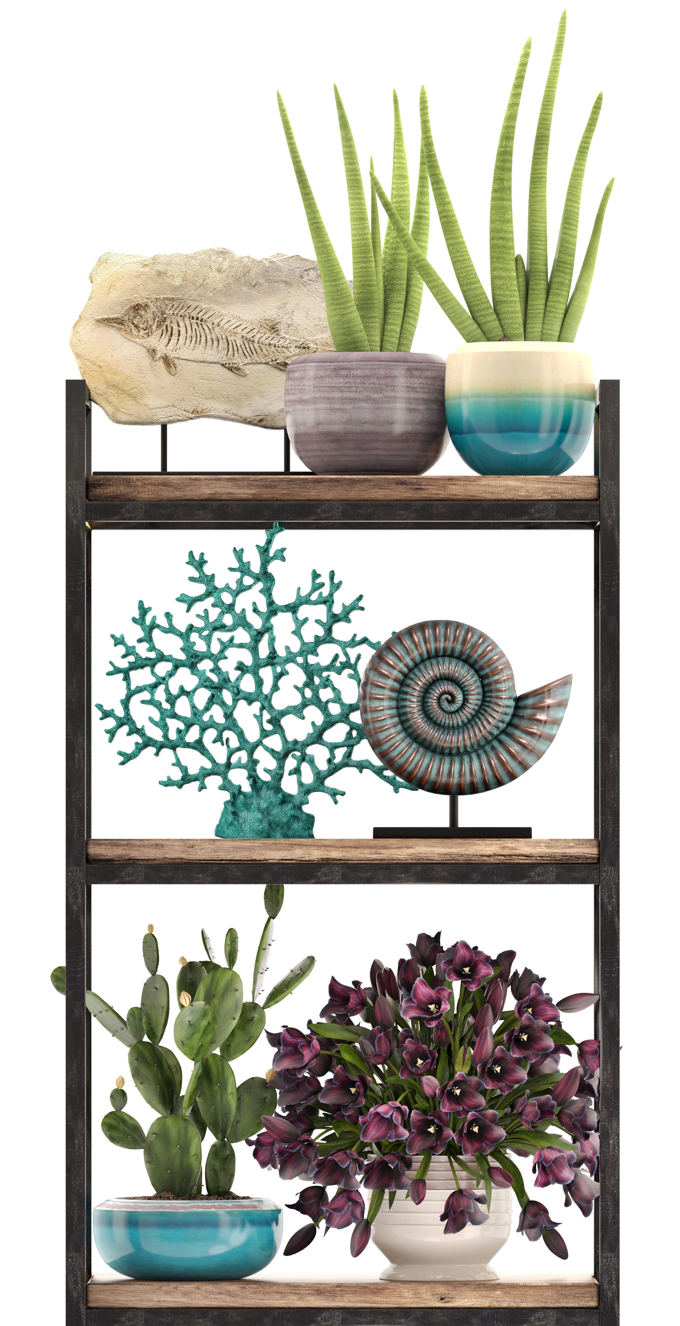 Rack with the decor of figurines and plants 3D model_9