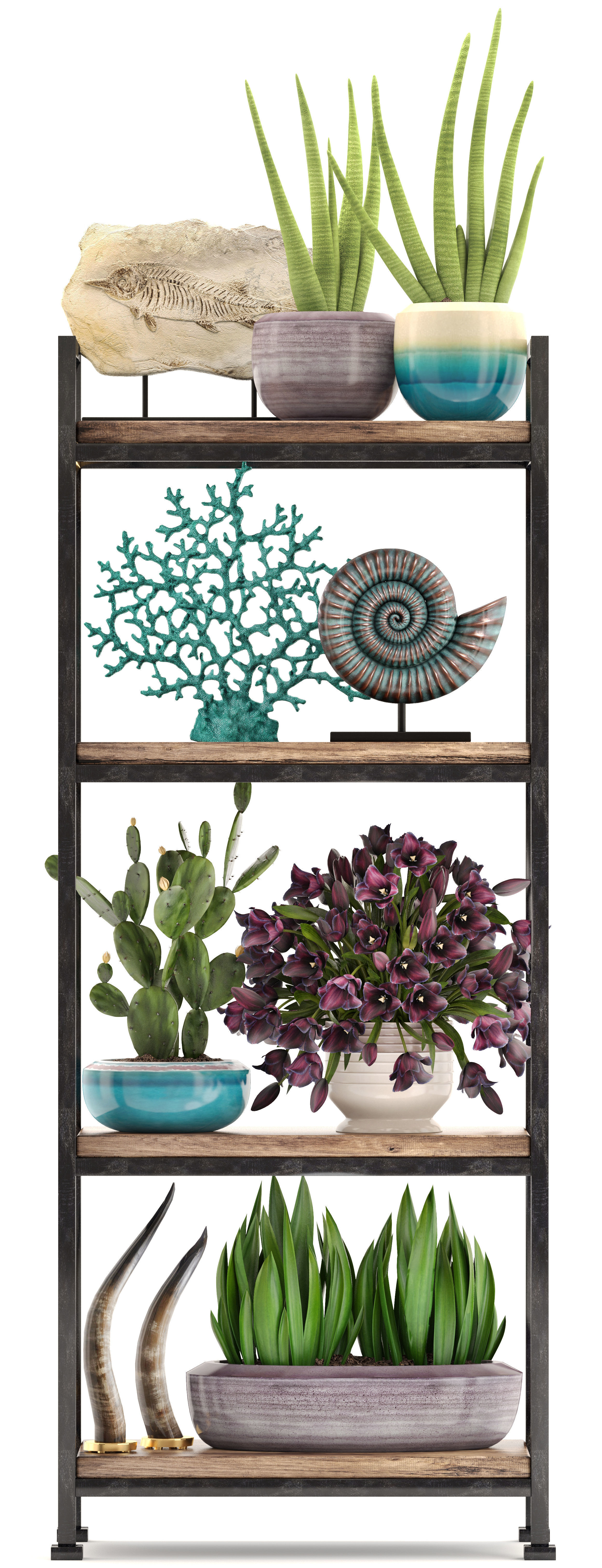Rack with the decor of figurines and plants 3D model_2
