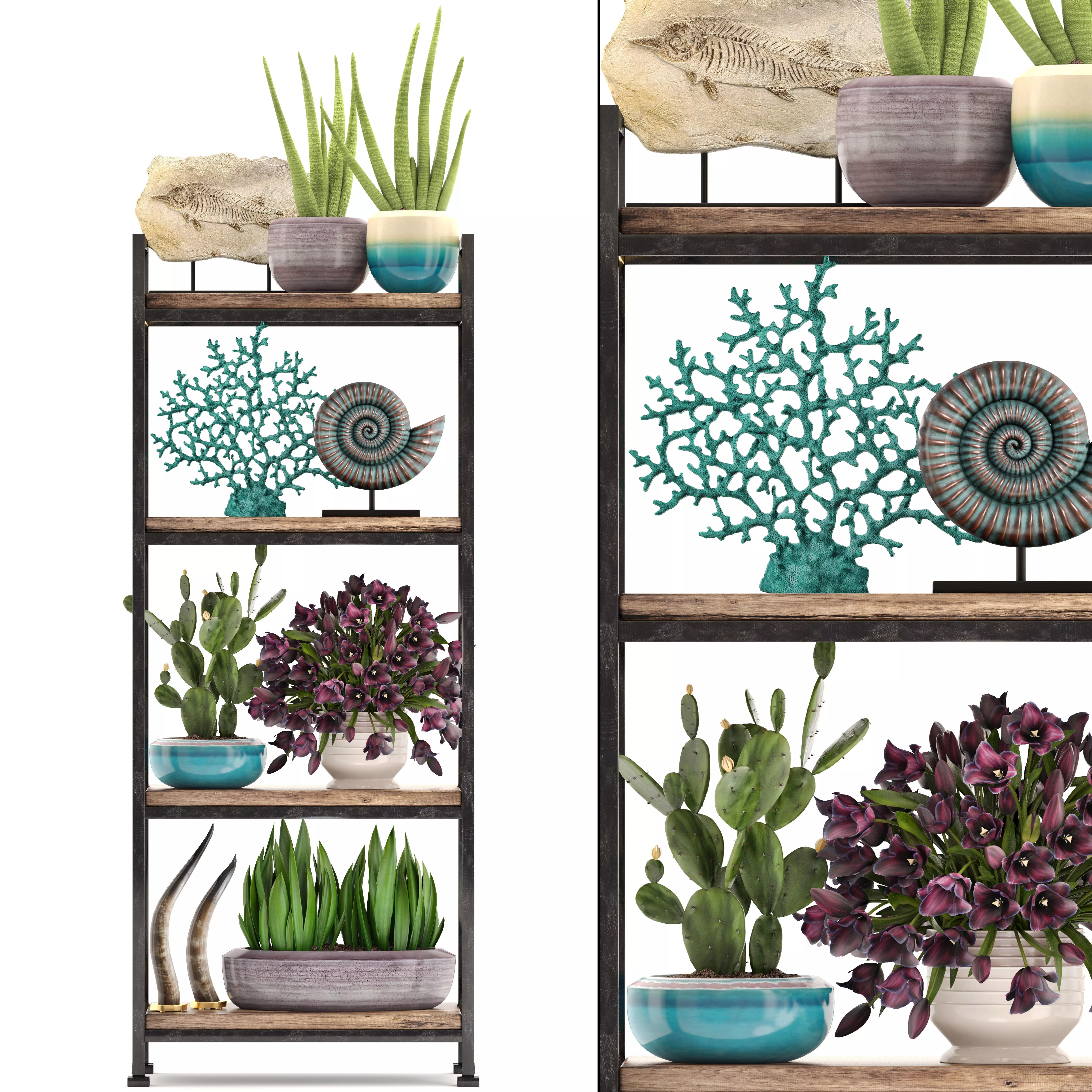 Rack with the decor of figurines and plants 3D model_0