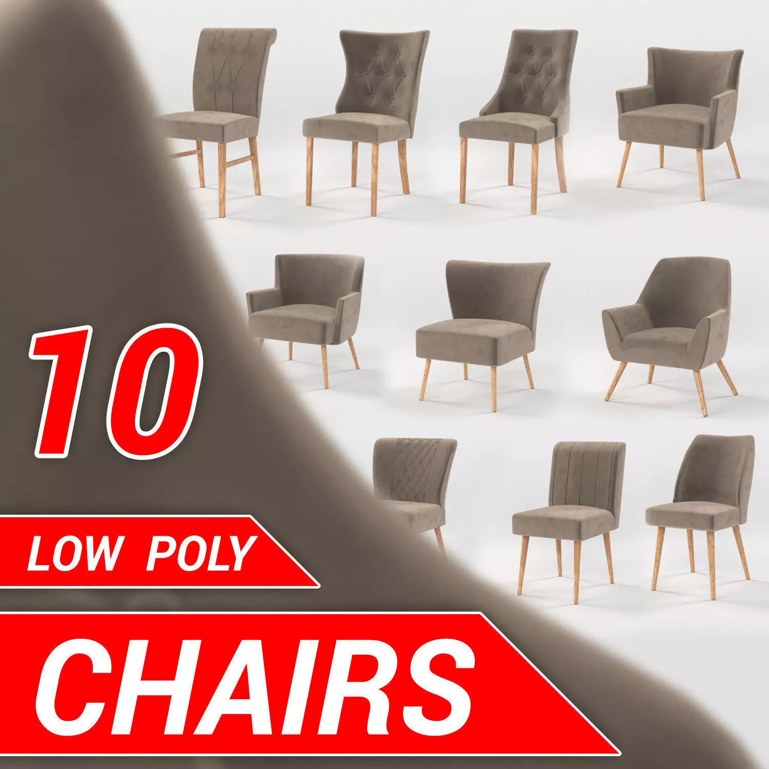 10 chairs set Low-poly 3D model_0