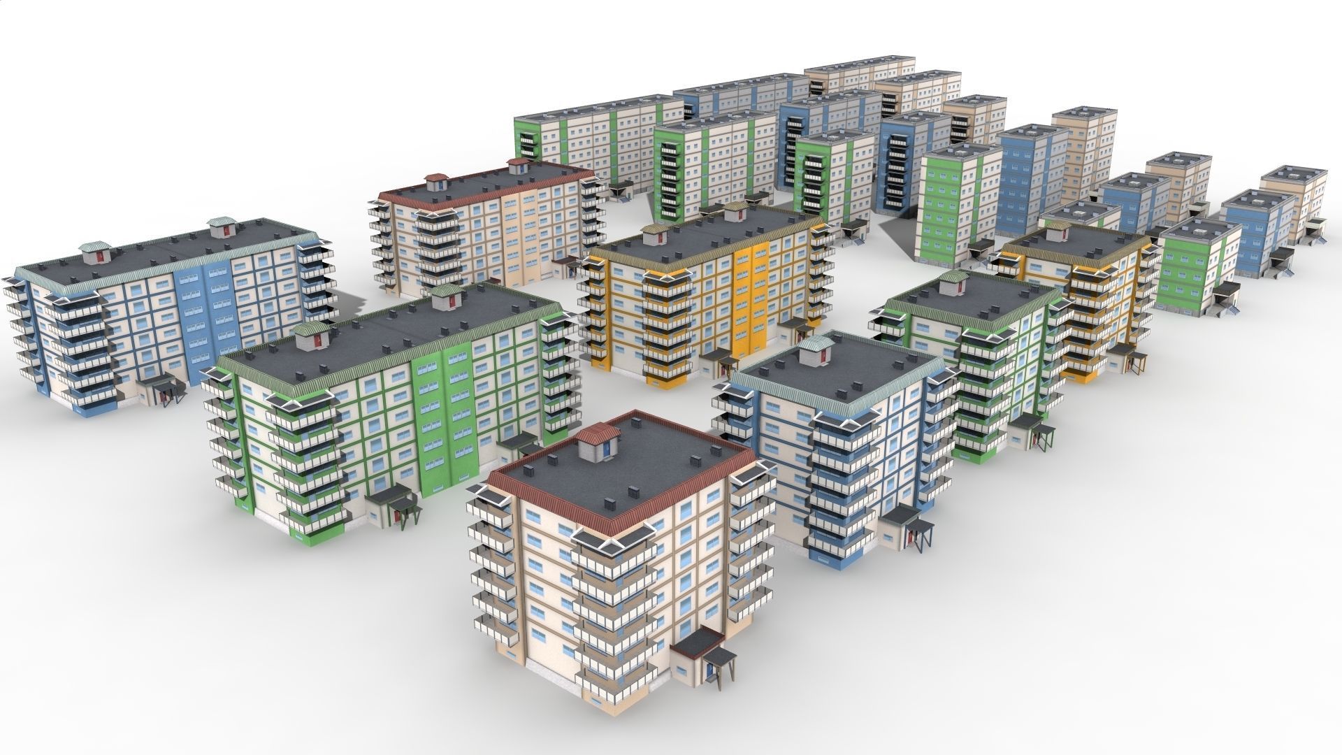 Blocks Buildings Residental Apartments Flats 26x Package Low-poly 3D model_2