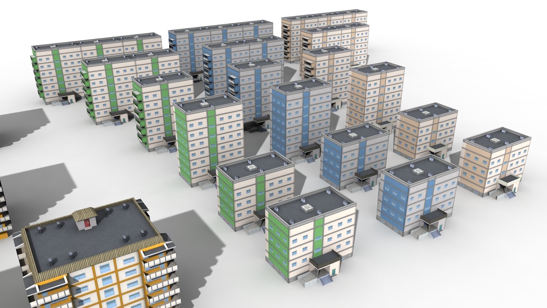 Blocks Buildings Residental Apartments Flats 26x Package Low-poly 3D model_7