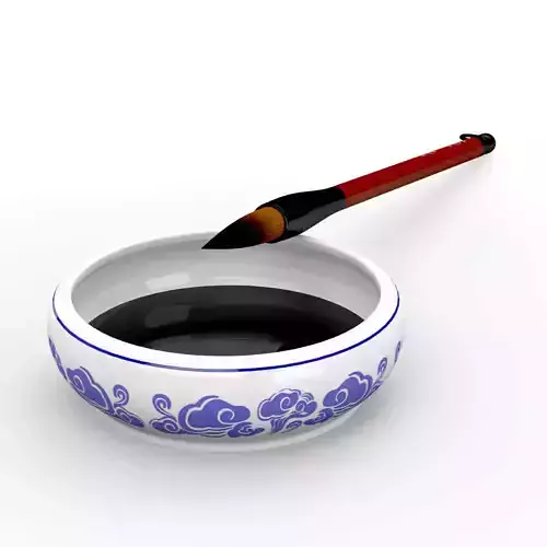 Chinese Calligraphy Brush Ceramic Ink Dish with ink and pen Low-poly 3D model