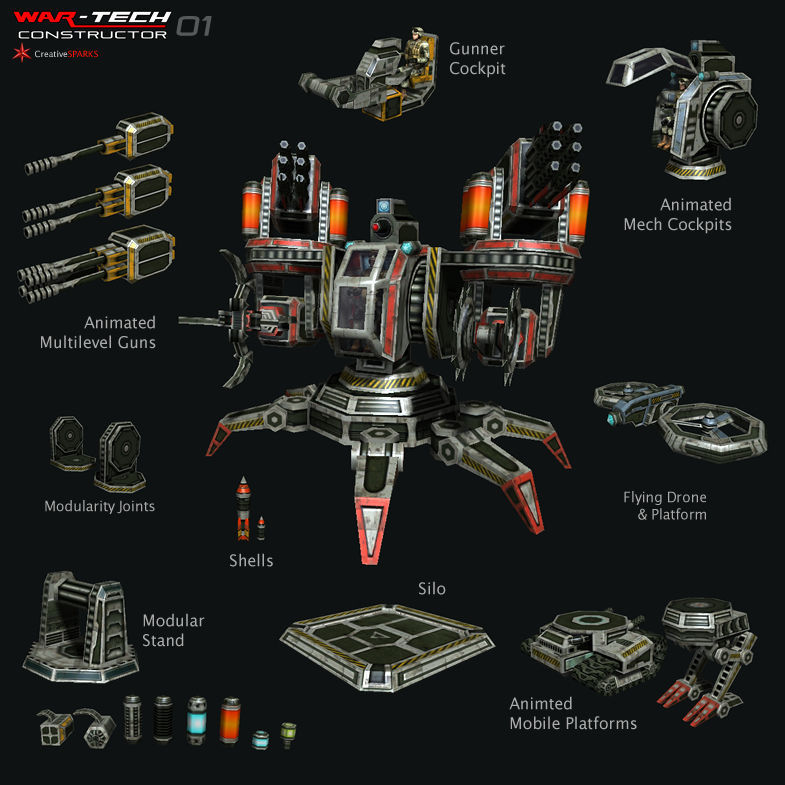 Modular Multilevel Turrets Mechs Robots Low-poly 3D model_1