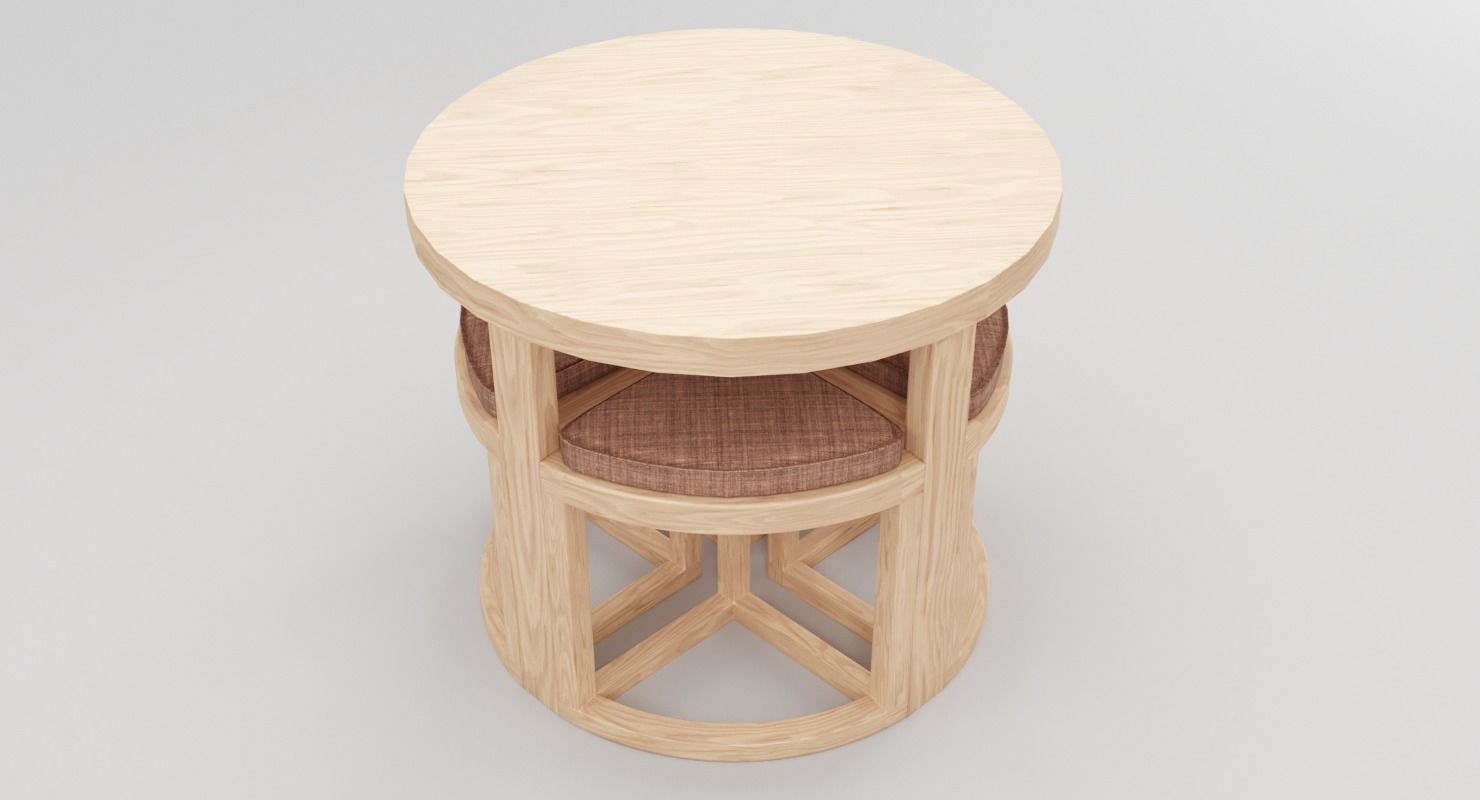 Round Wood Table and Chair Set 3D model_6