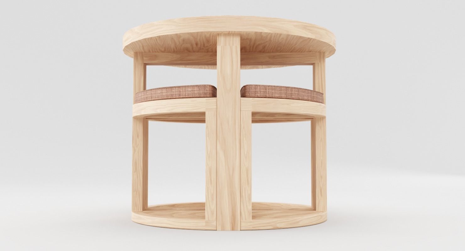 Round Wood Table and Chair Set 3D model_3