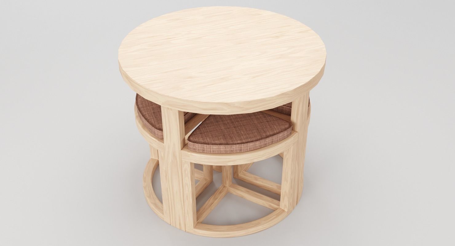 Round Wood Table and Chair Set 3D model_5