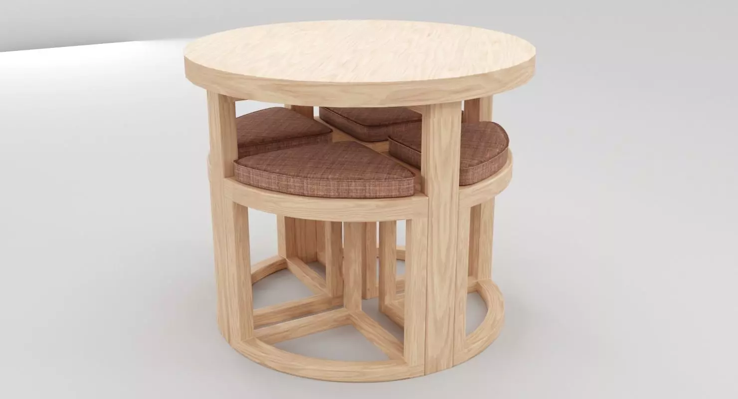 Round Wood Table and Chair Set 3D model_0