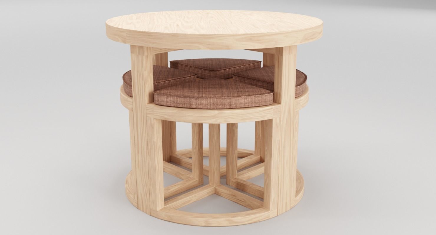 Round Wood Table and Chair Set 3D model_4
