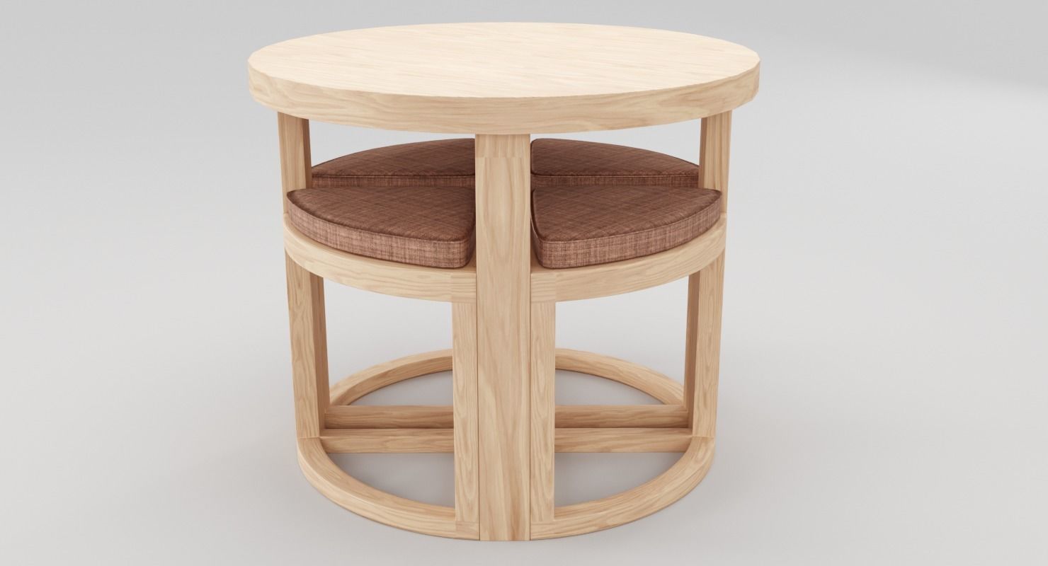 Round Wood Table and Chair Set 3D model_2