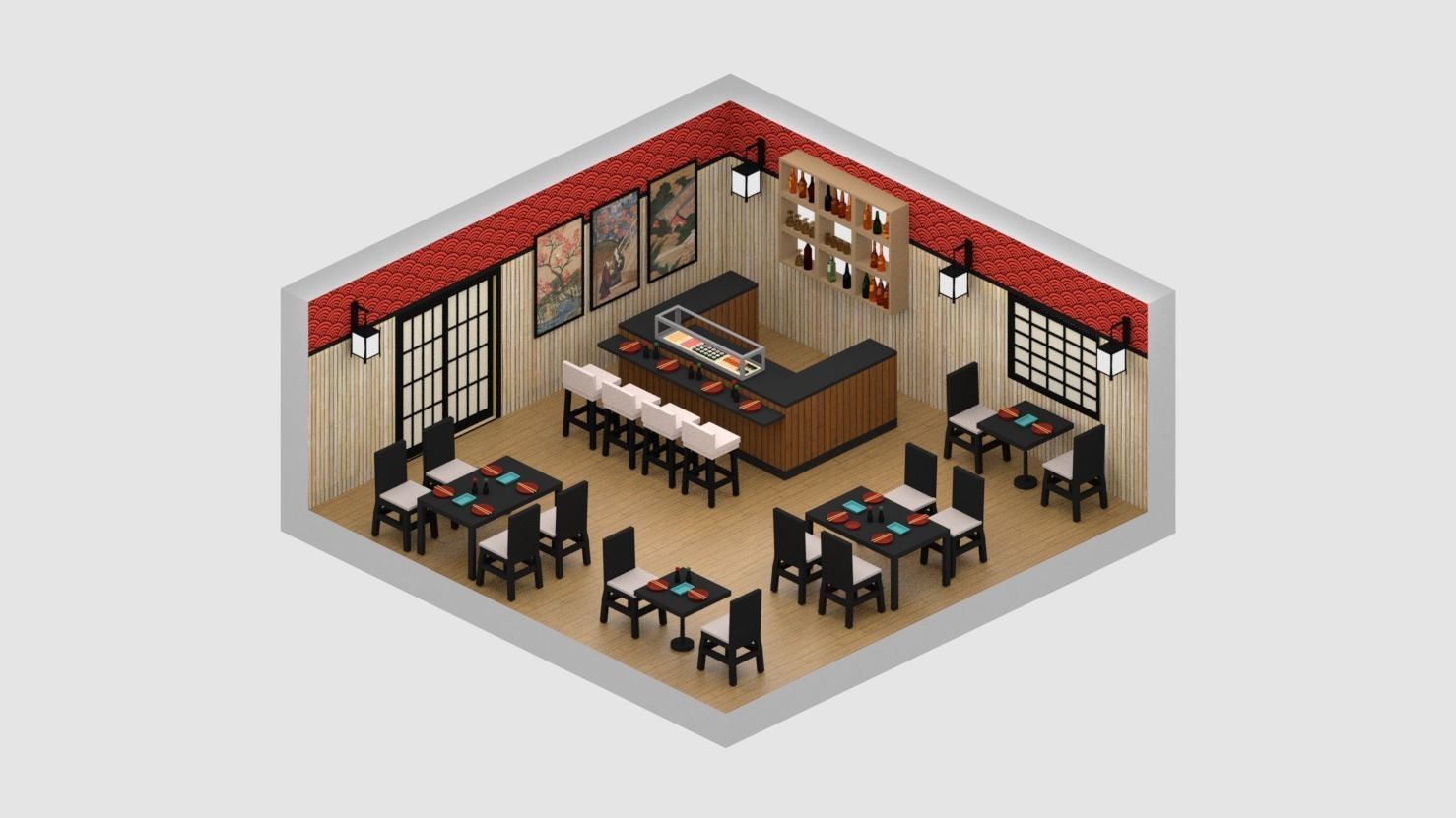 Japanese Restaurant Low-poly 3D model_1