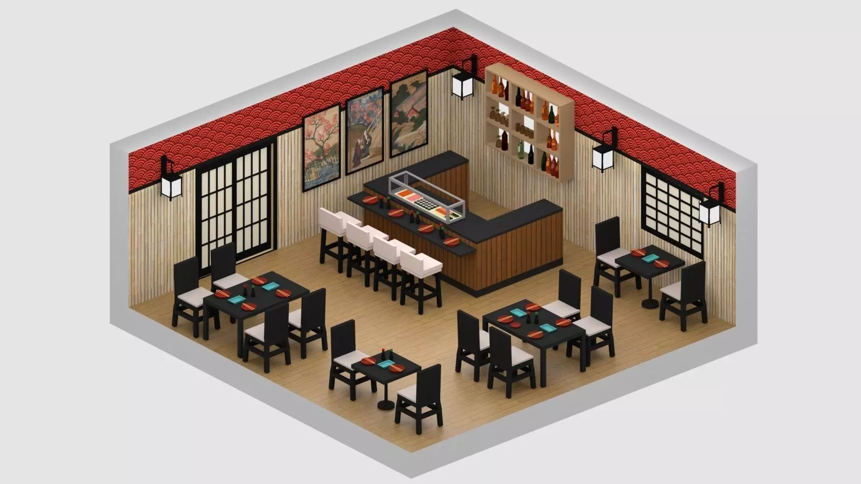 Japanese Restaurant Low-poly 3D model_0