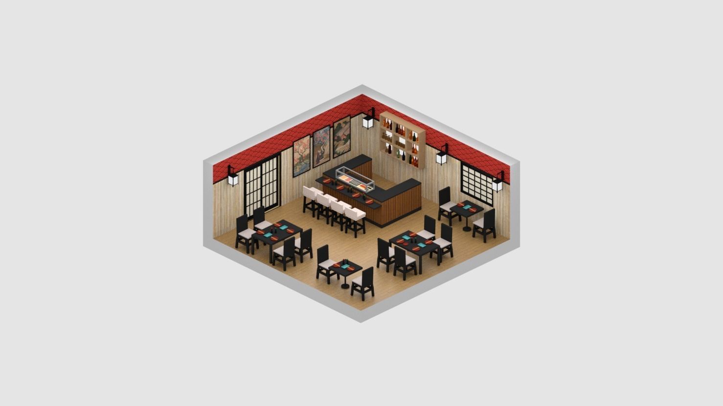 Japanese Restaurant Low-poly 3D model_2